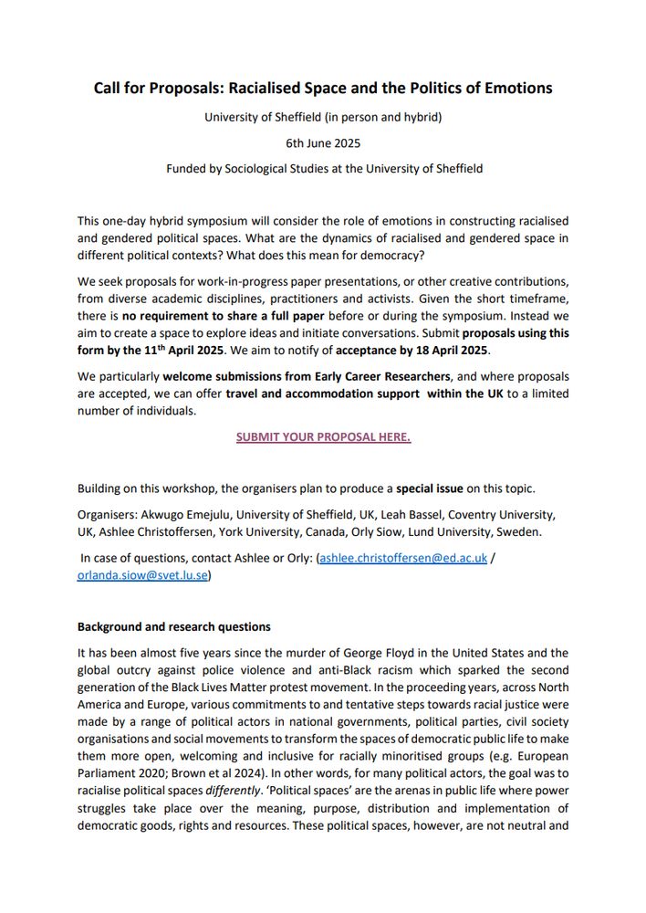 Call for proposals: Racialised space and politics of emotions
