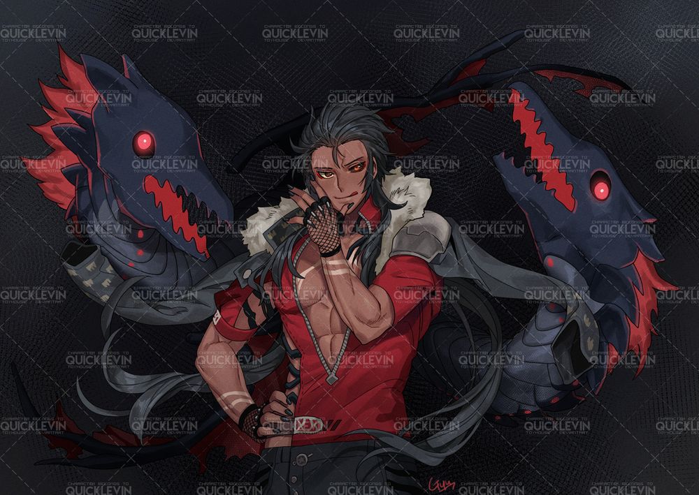 art of my oc Svante, drawn by gyugyu from toyhouse. posed behind him is a two-headed leviathan-like creature with ominous red eyes