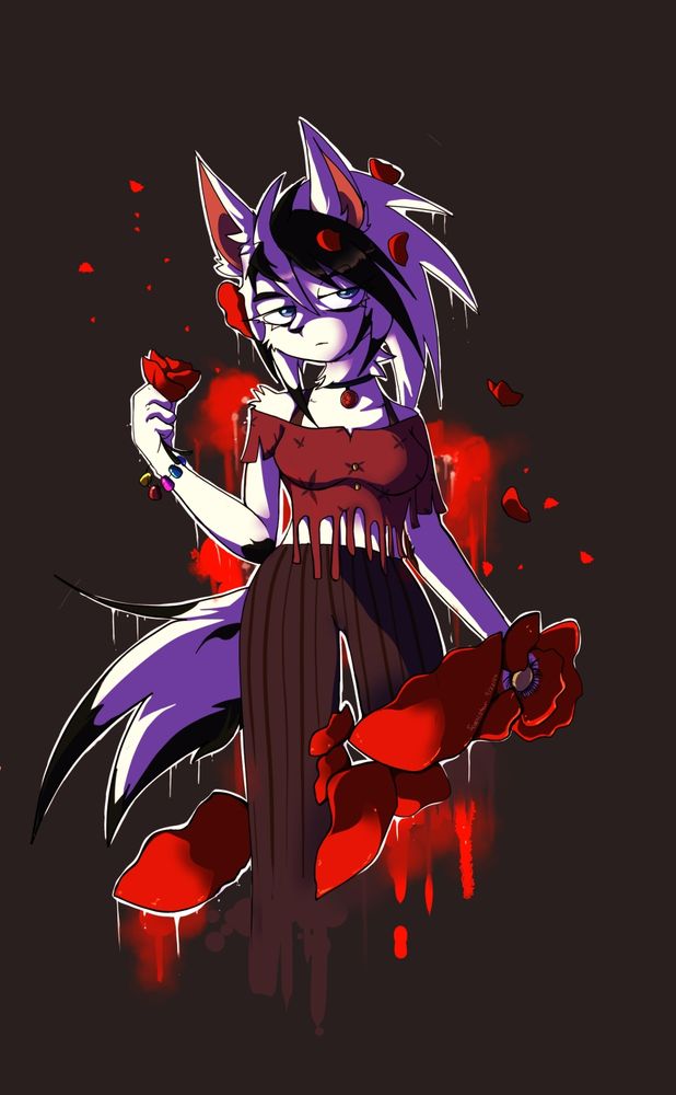 Alaska husky name Aishi holding a poppy flower