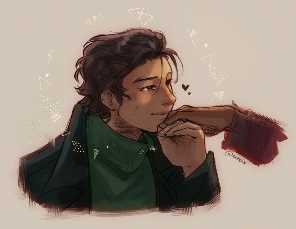 A digital drawing of my original character, Zar, kissing his partner's knuckles. He has black hair slick back and a somber look on his face despite smiling. 