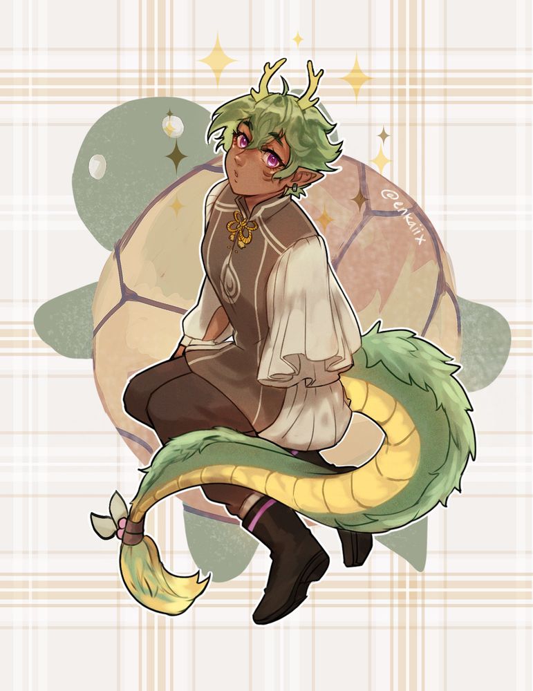 A fullbody drawing of my original character, Siu Lin, who is sort of a half dragon. She has 2 yellow horns sticking out of her hair and a large dragon tail. In the background, there is a simplified drawing of a tortoise.