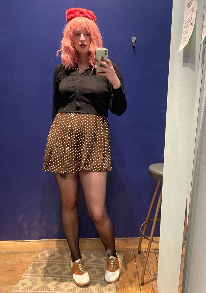 Mirror selfie of me in the brown polka dot dress and saddle shoes