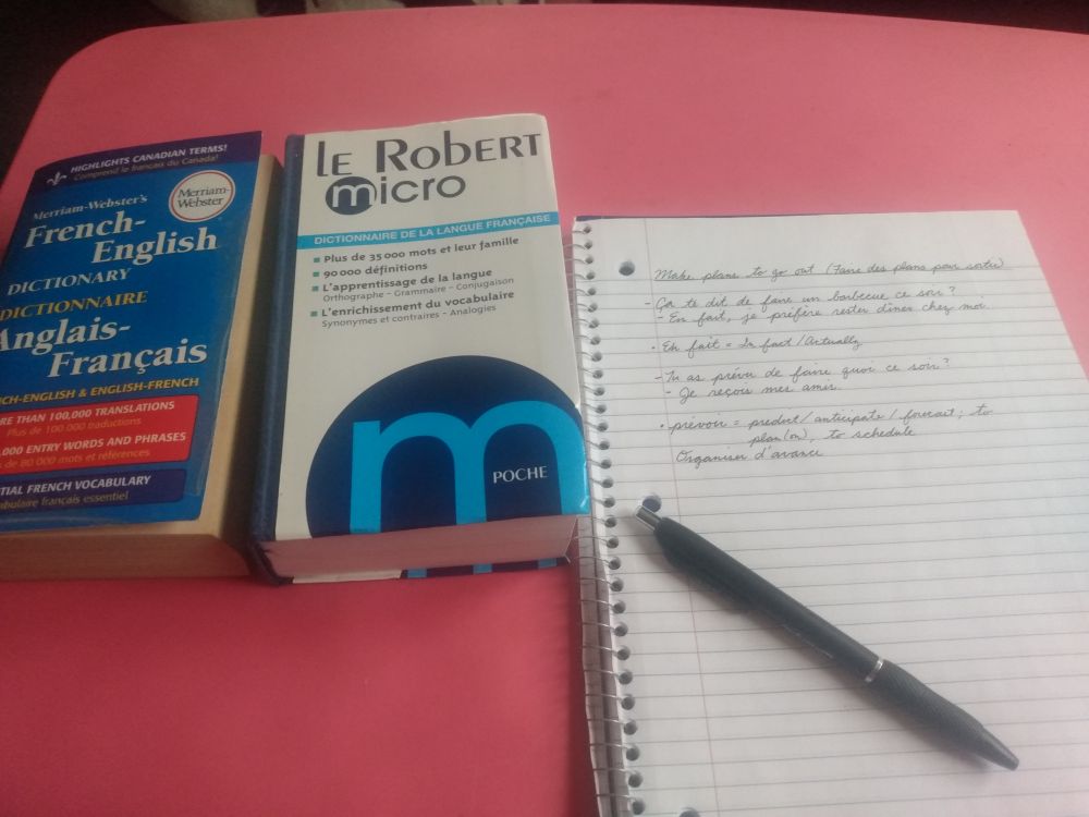 French-English dictionary alongside a LeRobert French-French dictionary and an open notebook. 