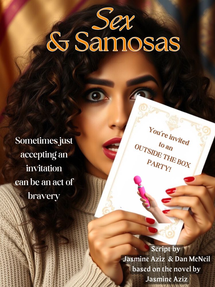 Image of a scared looking South Asian woman holding up an invitation to an “outside the box” party that has a image of a hand holding a vibrator. Script by Jasmine Aziz and Dan McNeil.