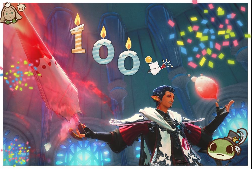 Tilo is his red mage glam celebrating level 100 in Dohn Mheg