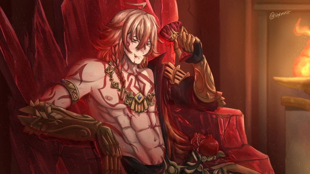 Mydei sitting on his crystal throne, sweat and pomegranate juice dripping on his body. 

Has more sweat, juice, and body hair compared to the SFW version.