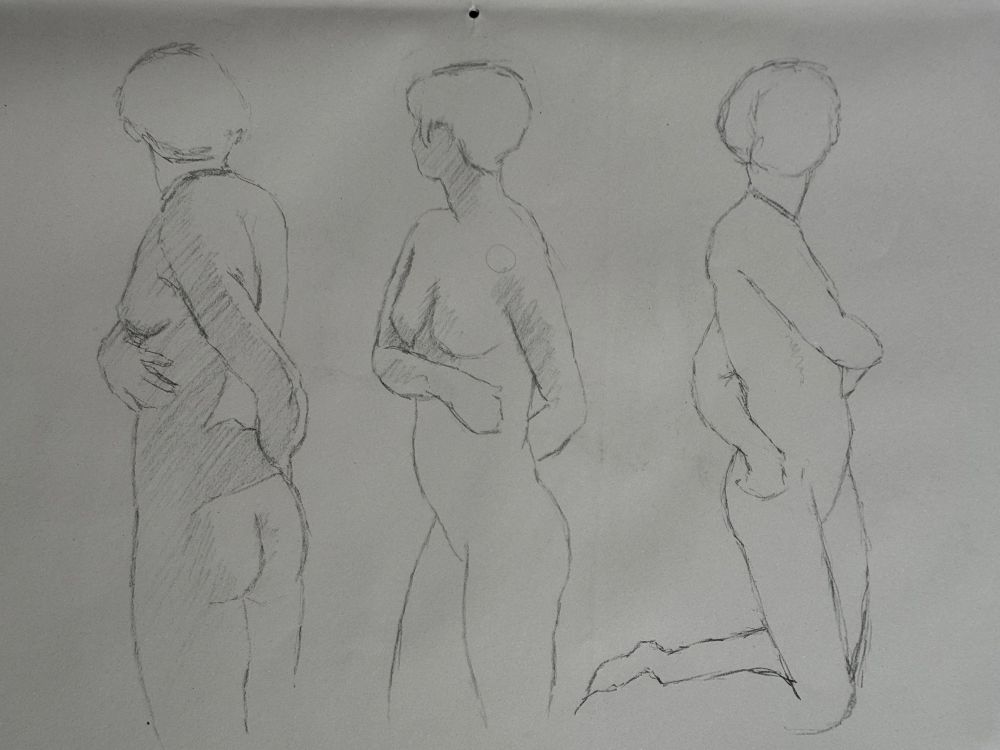 Female nude, same pose, three x five minute sketches from three different viewpoints