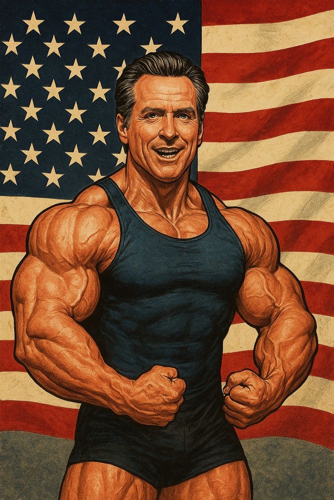 a satirical/parody image of Gavin Newsom with exaggerated muscles and patriotic theme - AI generated using ChatGPT that I created today to join in the trolling of MAGA who hyper sexualize Trump as their daddy