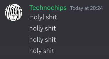 discord message from Technochips:
"Holyl shit
holly shit
holly shit
holy shit"