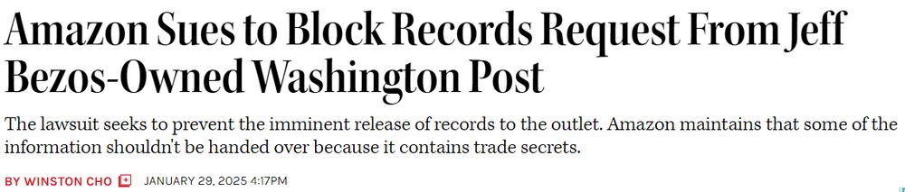 The thing everything one knew would happen, the conflict of interest Bezos has owning Amazon and the Post popping up when journalism got in the way of his Lex Luthor cosplaying by Amazon suing to stop a FOIA request in Washington State for Project Kuiper, a satellite-powered broadband project owned by Amazon/Bezos. 
