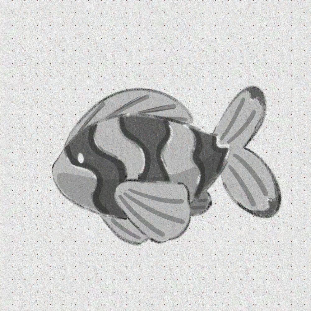 A cute drawing of a clownfish, but it is in shades of grey and not orange. Like a goth clownfish for halloween. 