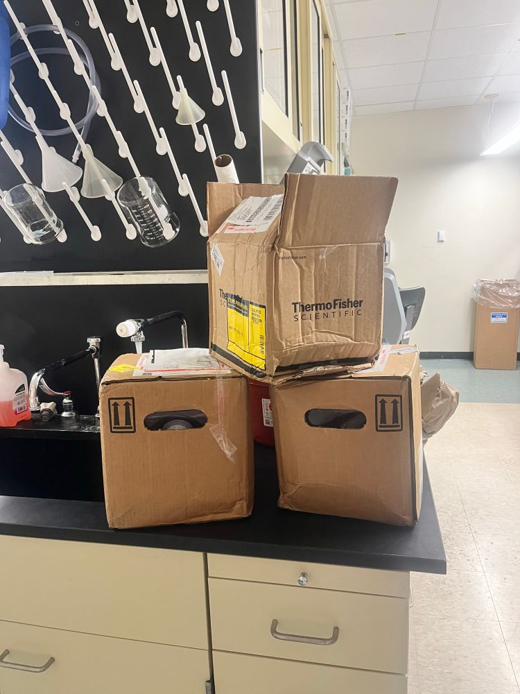 Three cardboard boxes sitting on a laboratory bench. 