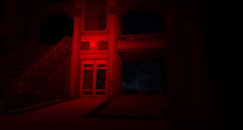 A big room dimly lit by a red lamp with a dark staircase on the left and a starry background on the right.