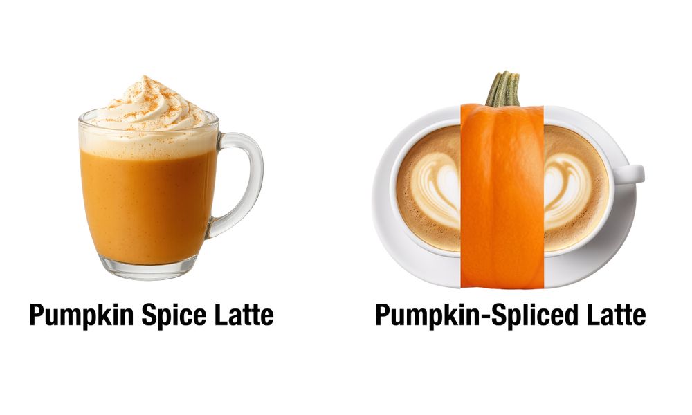 image of a pumpkin spice latte and an image of a latte with a piece of pumpkin in it. the latter says "pumpkin-spliced latte"