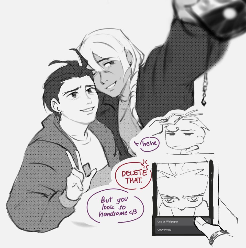 black and white sketch of klavier gavin and apollo justice taking a photo together. A mini comic to the side features klavier taking an ultrawide photo of apollo's forehead then setting it as his wallpaper