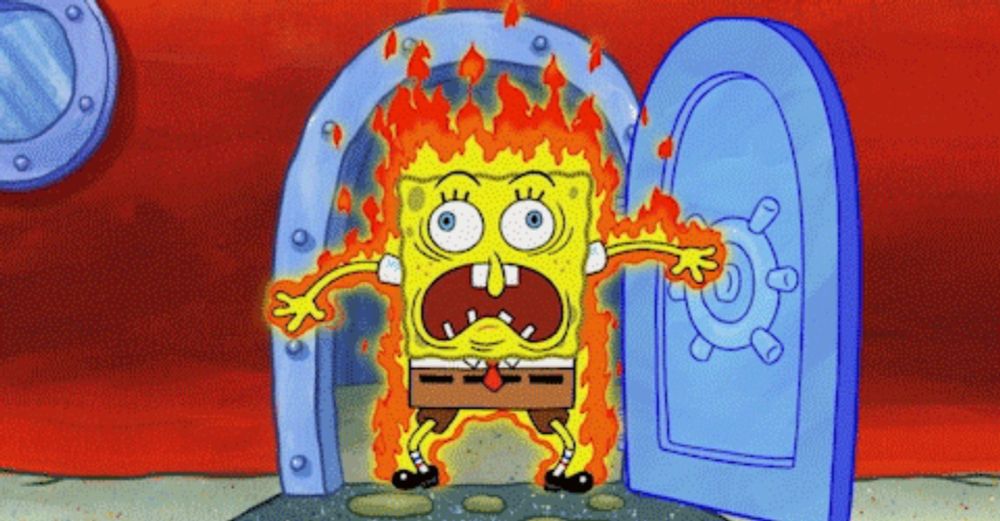 a cartoon of spongebob standing in front of a door with flames coming out of it .