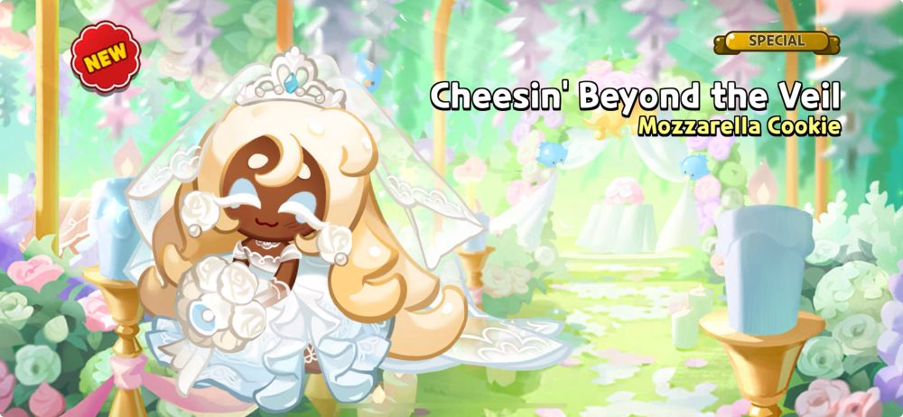 It's a screenshot of Cookie Run: Kingdom, depicting the special limited-time wedding outfit for Mozzarella Cookie.