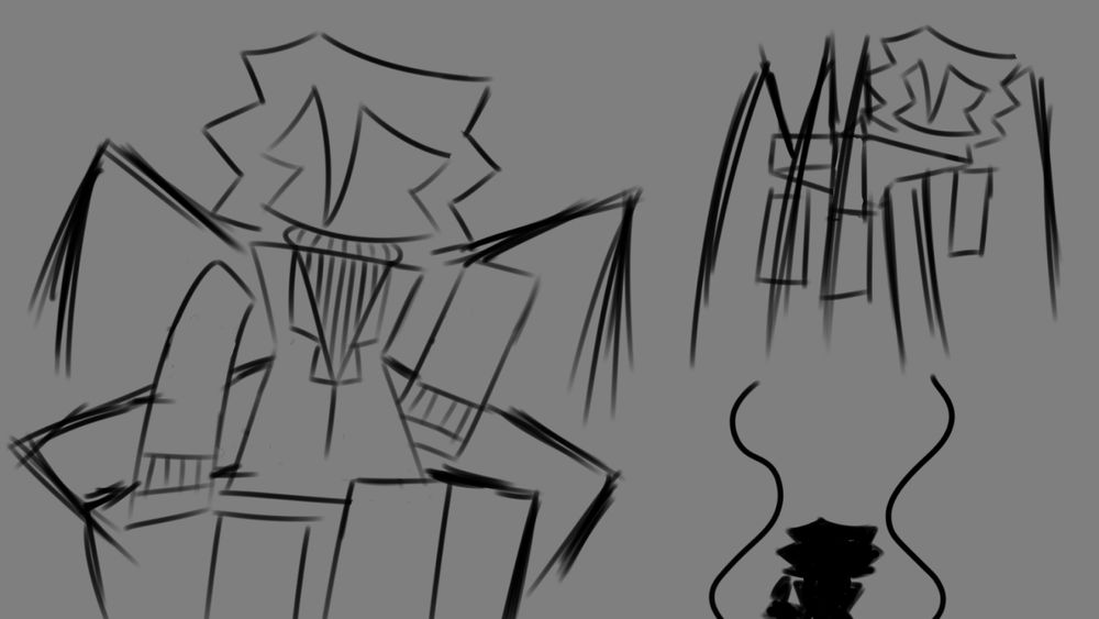 The image shows three digital sketches.
The first is a depiction of Amala (@amala-vessel.bsky.social) in the form of a roblox character with dark spider legs protruding from her back; she's in a somewhat sassy pose, having one of her legs forward with her hand on her hip.
The second is smaller, depicting her spider legs elongating and holding her body up limply, her limbs dangling beneath her. 
The third shows her silhouette in front of a dark fountain, a knife in hand, implying she had just opened it.