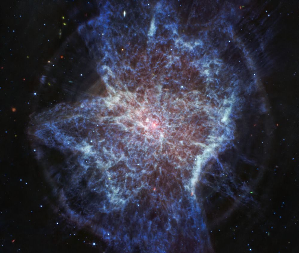 Mid-infrared view of planetary nebula NGC 6072 from the NASA/ESA/CSA James Webb Space Telescope shows expanding circular shells around the outflows from the dying central star, which astronomers suspect is that pinkish white dot at the centre of the image. Blue represents cool molecular gas seen in red in the image from Webb’s NIRCam (Near-Infrared Camera) due to colour mapping.