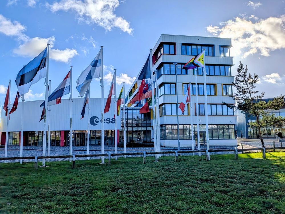 Image of the pride progress flag flying at ECSAT, Harwell, UK, on 18 November 2025