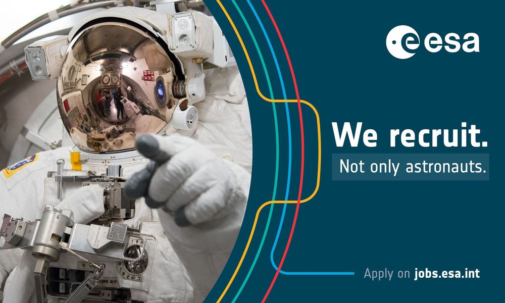 Image of an astronaut pointing with the text "We recruit. Not only astronauts. Apply on jobs.esa.int"