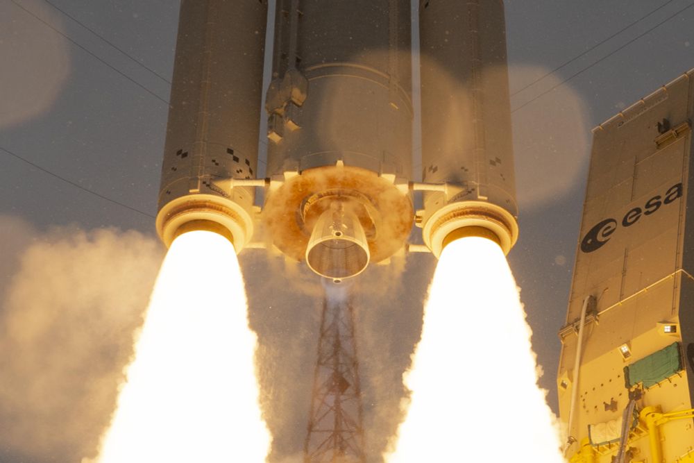Closeup view of Ariane 6's rocket engine nozzles and exhaust plumes, VA263