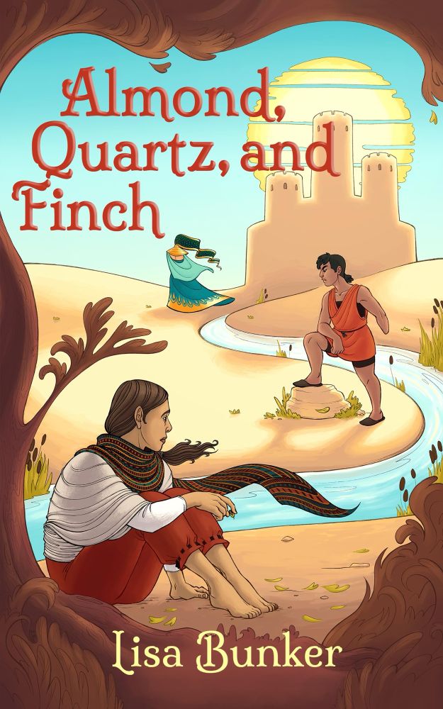 Cover of the book ALMOND, QUARTZ, AND FINCH, by Lisa Bunker, featuring art of the three titular characters in their desert setting