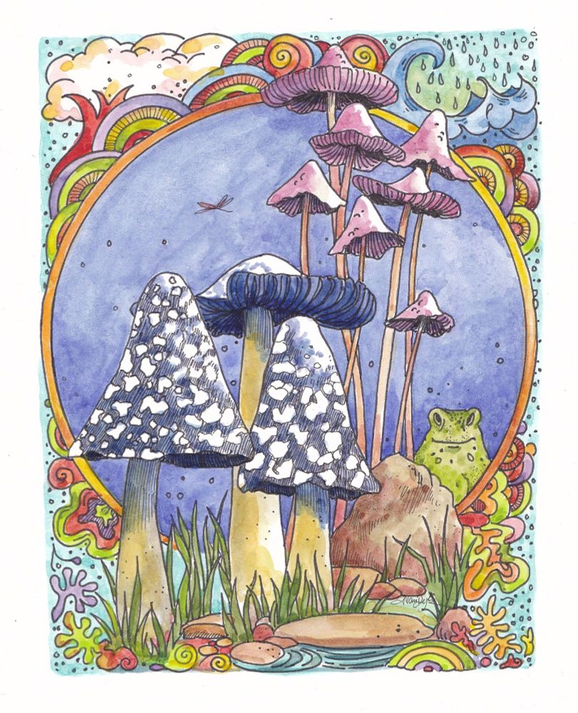 Mushroom, called Chunky Blue, tall conelike mushrooms with a semi psychedelic background frame