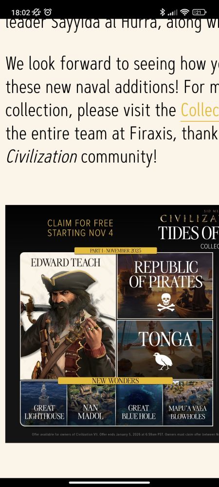 Nuevo DLC del Civ VII con Eduard Teach como líder y la República de Piratas y Tonga como civs jugables