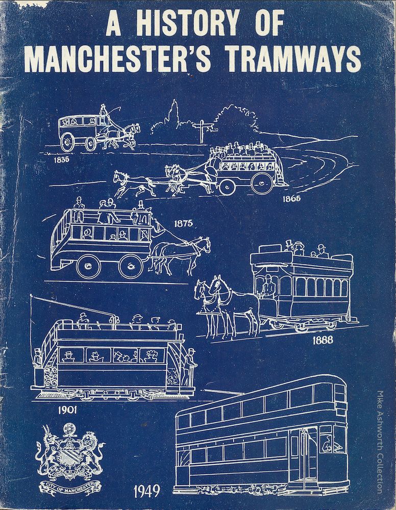 Manchester was one of the first British cities to repudiate the first generation of tramways - the electrified system opened in 1901 (under municipal control) having started life as horse drawn tramways in 1877. By the late 1920s the city decided to replace the tram system with buses - and, although the Department felt put upon, trolleybuses. The trams would most likely have gone c1941/2 but for the outbreak of war - it took another decade to finally scrap the system. Now, of course, Manchester is in the vanguard of re-introducing electric traction to the UK in the form of Metrolink.

The cover commemorating the end of the system on 10 January 1949 shows the whole gamut of varying forms of transportation that formed part of the history of the tram (including horse drawn ones) - the last illustration is of the last type of cars built for the city, known as Pilcher cars, many of which saw secondhand service in other towns after Manchester scrapped them. All text and illustrations are in white on a blue background and the city's coat of arms is also shown