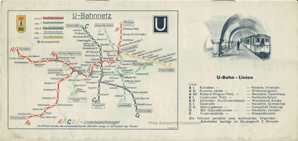 Berlin - Blickpunkt der Welt : BVG Verkehrsführer : Berlin transport guide : Berliner Verkehrs - Betrieben : nd [c.1950] :  U-Bahnnetz und Linien. This shows the map with the lines using the older nomenclature of A I, A II, A III, B I, B II, C I, C II, D and E shown in red, green, dark blue hatching, light blue hatching and yellow. On the right the list of lines is headed by a sketch of U-Bahn train in a station.