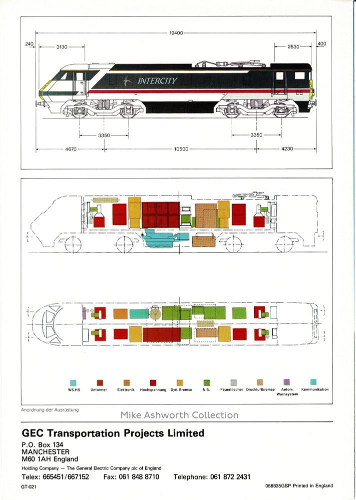 Baureihe 91 25kV BoBo Lokomotiven für British Rail : German language brochure ; GEC Transportation Projects : Manchester : nd [1988] : back cover. A four page glossy, German language brochure issued by GEC Transportation Projects (part of GEC) for the British Rail Class 91 locomotives that formed part of the East Coast Main Line Electrification. A number of tenders were issued by BR for the traction required for this project, including to several Continental companies, but GEC's offer was to sub-contract mechanical elements to BREL and once chosen, the locomotives were constructed at BREL's Crewe Works with the electrical components supplied by GEC. 31 were constructed in total including what was to be the last locomotive constructed at Crewe. 

The locomotives, coupled to a rake of carriages including a DVT that allowed the set to operate bi-directionally, went into service in 1989. Although many have been scrapped following introduction of  the IEP 'Azuma" series some Class 91 sets are still currently in use on London - West Yorkshire services. The brochure was, I think, produced for the IVA rail exhibition in Hamburg in 1988.

The back cover shows the locomotive in the then BR Intercity 'Swallow' livery along with a plan and section of the locomotive layout.