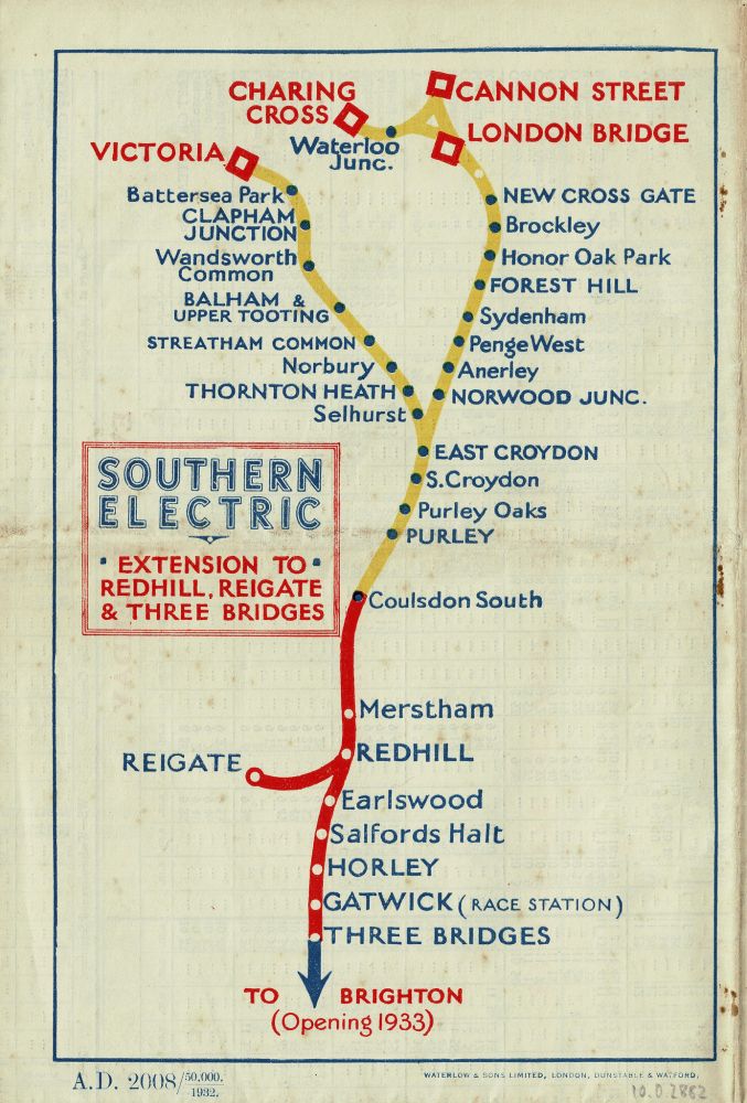 The back cover to the Southern Railway's leaflet for the opening of the Main Line Electrification of the Brighton line for the section from Coulsdon to Three Bridges.  This shows a line diagram with services from Victoria, Cannon St, London Bridge and Charing Cross in yellow, with south London intermediate suburban stations shown, as far south as Coulsdon South at which point the newly electrified services are shown in a red line. South of Three Bridges the map notes "To Brighton (Opening in 1933). 