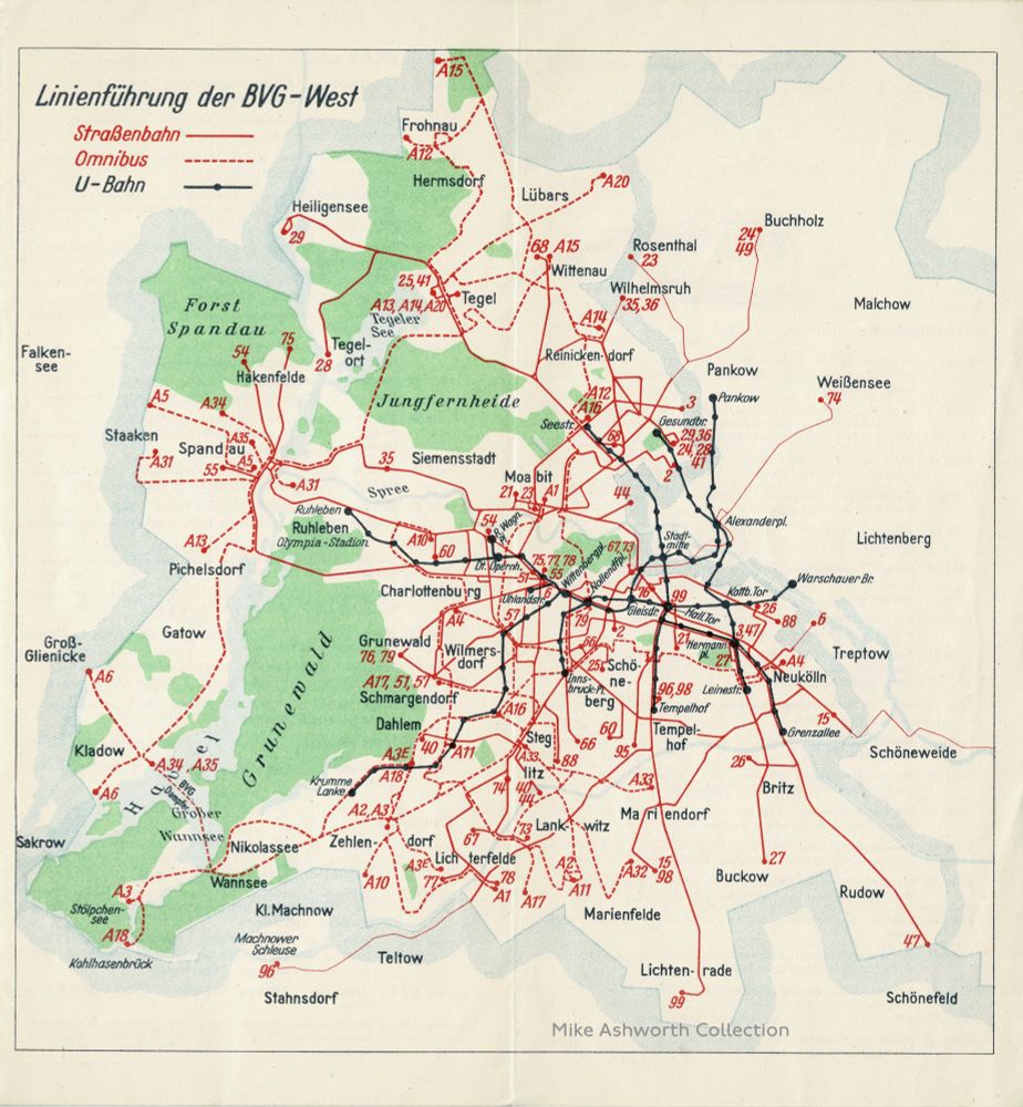 Berlin - Blickpunkt der Welt : BVG Verkehrsführer : Berlin transport guide : Berliner Verkehrs - Betrieben : nd [c.1950] : Linienführung der BVG - West : A German language guide to the major streets and sights of Berlin along with a list of the city's tram, bus and underground (U-Bahn) routes. A small folder it includes various fold out pages that show in maps the BVG-West's combined tram, bus and U-Bahn routes along with a plan of the excursions possible by BVG services to Grunewald and the Havel.

Not dated the folder already shows the growing post-war division between east and west Berlin although this does show the continued extension of a few tram routes into the eastern sector before public transport routes were wholly curtailed within sectors and before the Berlin Wall was constructed.

West Berlin, unlike the East, was to abandon its extensive tramway network in the 1960s and this list shows the 21 tram still running and it was abandoned, replaced by bus A24, in 1953 so the folder pre-dates this date. I have also seen a later 1954 edition with a more modern example of Berlin's famous double deck buses on the cover so this with the older style is likely to predate this. The cover "Berlin - the focus of the world", is by Maty and the version of the U-Bahnnetz plan on the back cover is by Tesch of the BVG.

The map shows tram routes in solid red lines, bus routes in red dashed lines and the U-Bahn lines imposed in black. To the west of the western sector can be seen the Grunewald in green and the Havel.