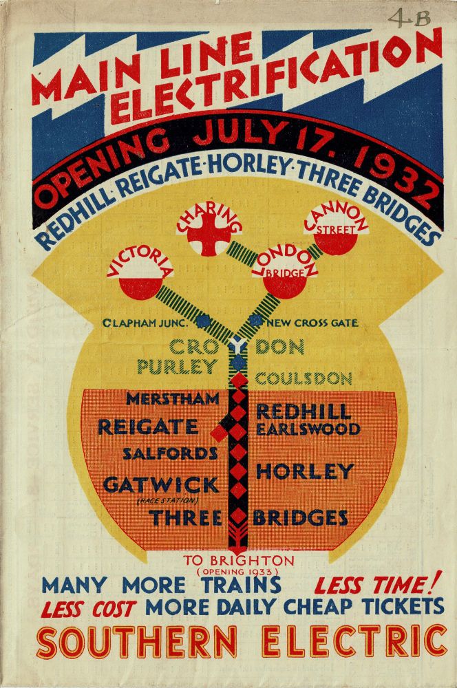 The cover to the Southern Railway's leaflet for the opening of the Main Line Electrification of the Brighton line for the section from Coulsdon to Three Bridges. It is bright and colourful and uses very 'jazz' style lettering to give an idea of 'sparks' playing on electricity. The central motif, thistle shaped, shows the four London termini of Victoria, Charing Cross, London Bridge and Cannon Street with lines meeting at the "Y" in CroYdon and feeding south to Merstham, Redhill, Reigate, and stations via Gatwick (Race Station not yet airport) and Three Bridges. The leaflet also noted "Many more trains - Less Time! Less cost - more daily cheap tickets" and shows "Southern Electric" in the Southern's "Sunshine" lettering.