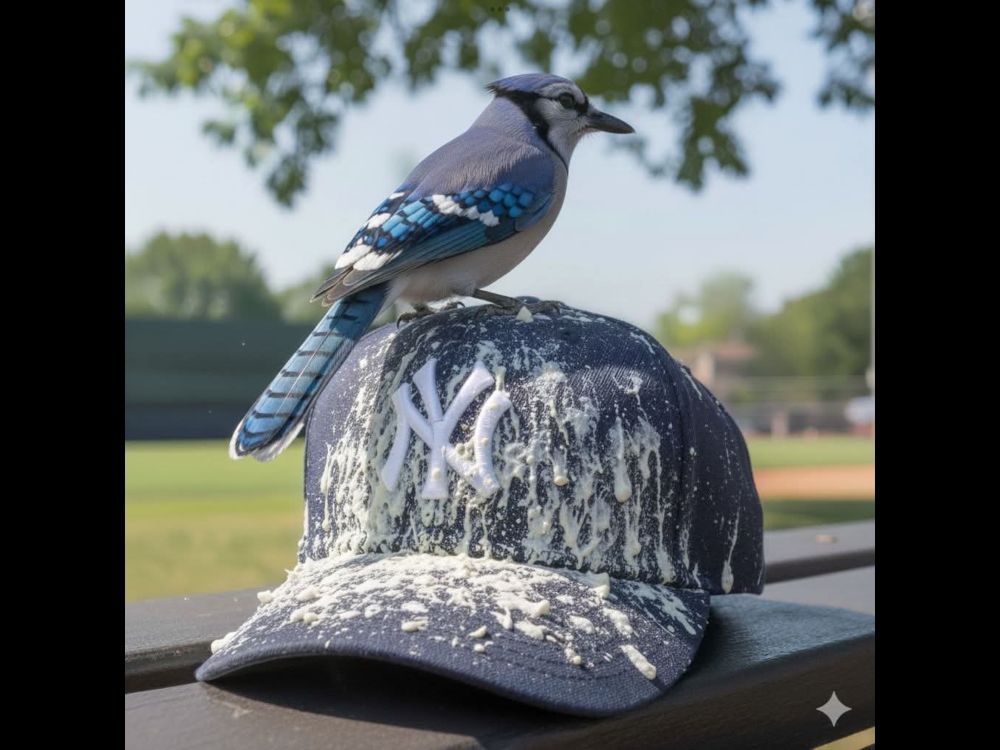 Blue Jay pooping on Yankee cap