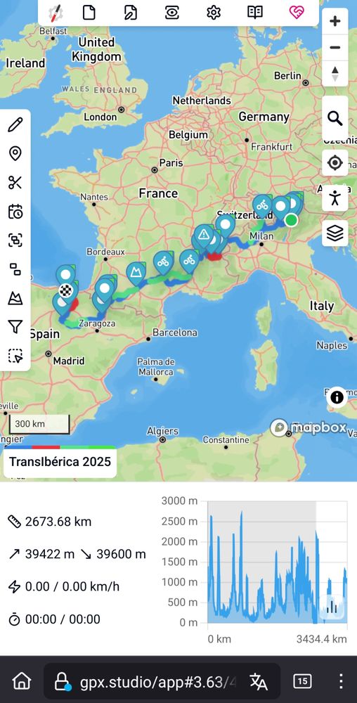 screeni von gpx.studio mit einer route und alternativen und POIs von norditalien ins baskenland 