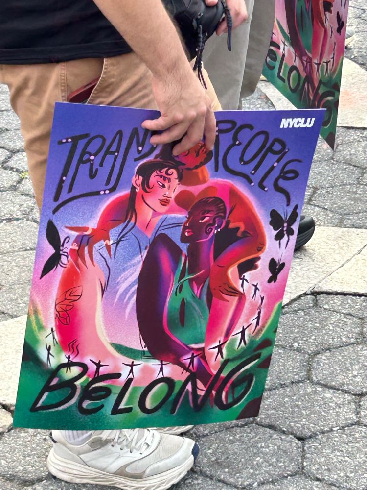 Trans rights demonstration in Union Square -- sign saying "Trans People Belong."