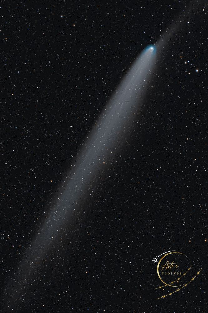 This striking astrophotograph captures Comet C/2023 A3 (Tsuchinshan–ATLAS) in exquisite detail as it sweeps through a star-filled sky. The comet’s brilliant nucleus glows an icy blue-white, surrounded by a faint greenish coma produced by sublimating gases like cyanogen and diatomic carbon.

Its dust tail stretches diagonally across the frame, a luminous gray plume that gradually fades into the darkness. Subtle striations reveal the intricate flow of dust and gas sculpted by solar radiation and the solar wind, while variations in brightness hint at the comet’s rotation and outgassing jets.

Behind it, a dense field of stars — from warm orange giants to cool blue dwarfs — forms a glittering backdrop that emphasizes the comet’s sheer scale and motion. The image likely captures C/2023 A3 near its brightest phase, when it developed its long, fan-shaped tail and became one of the most anticipated comets of its generation.

It’s a portrait of motion, impermanence, and cosmic grace — an icy traveler from the outer solar system burning brilliantly for a fleeting moment before continuing its journey into the void.