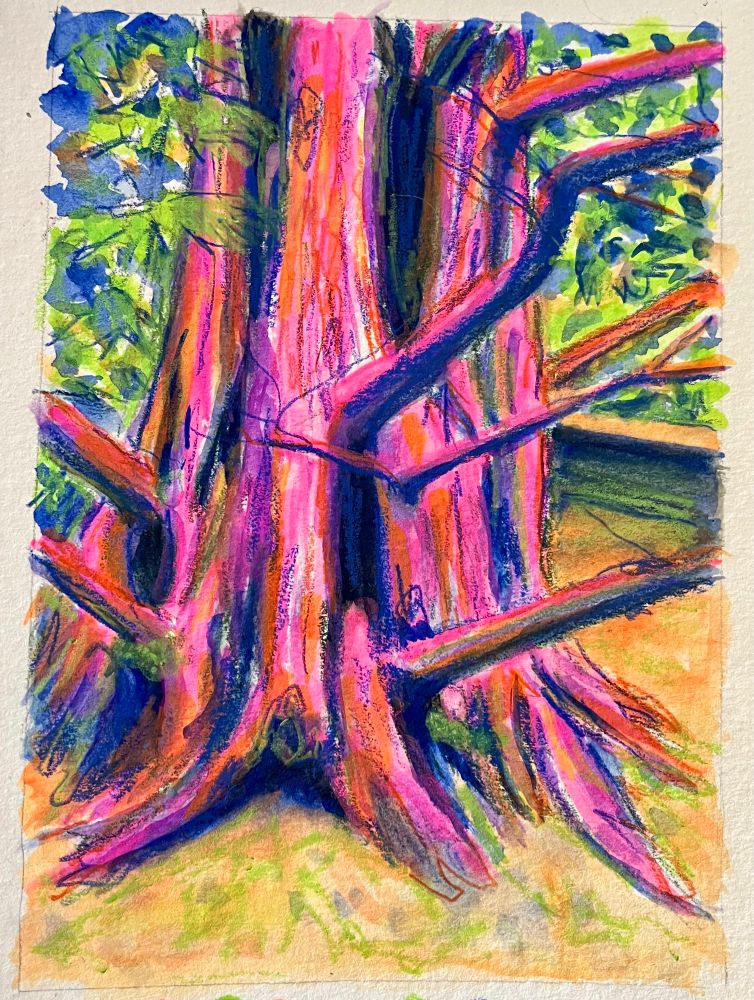 Painting of a tree in vibrant pinks, oranges, and blues