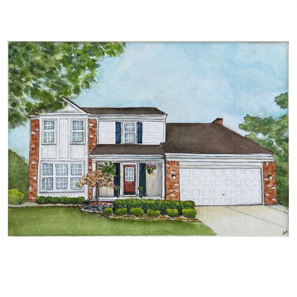 Watercolor painting of a two story brick house with trees and a blue sky