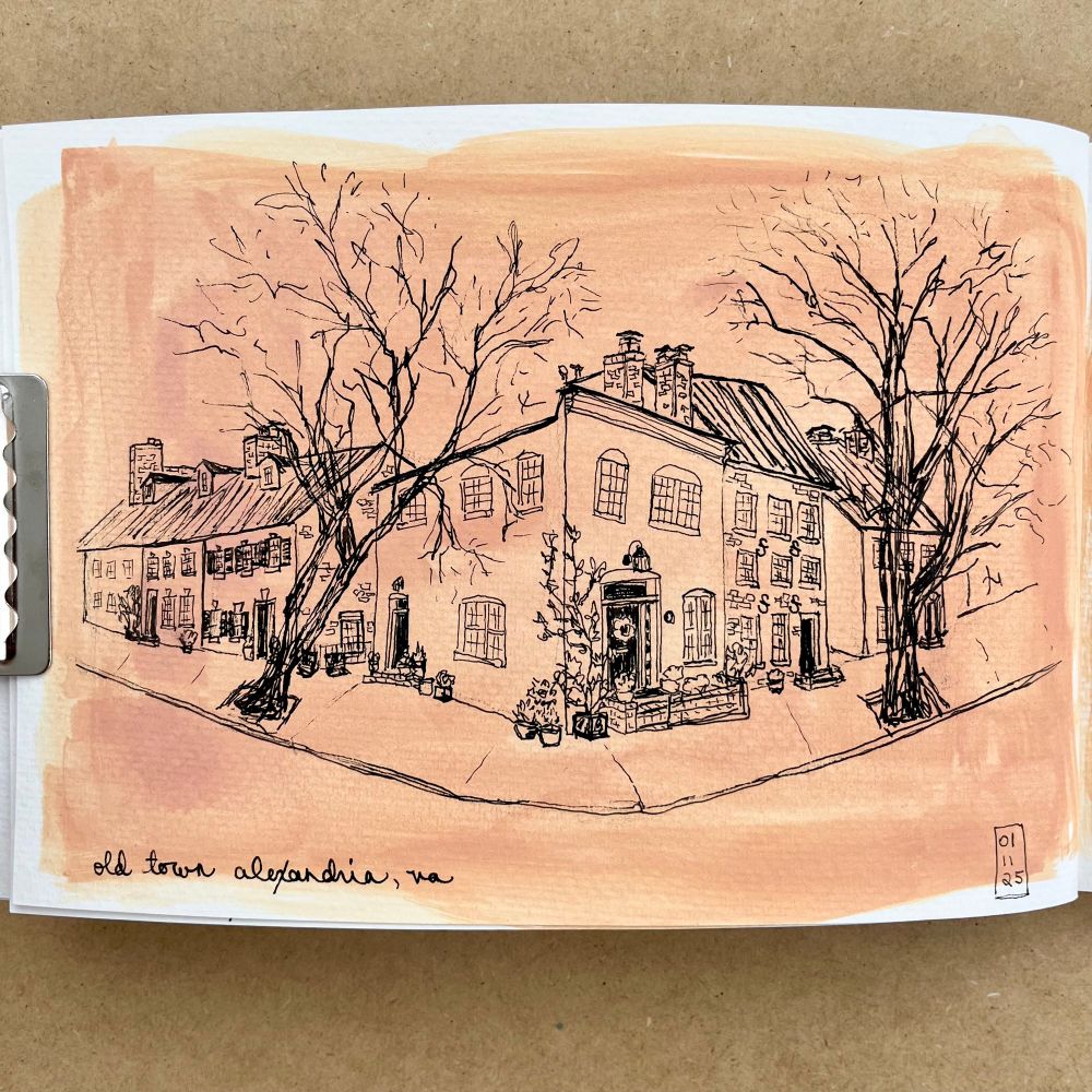 Sketch in black ink of houses on a corner of Old Town, Alexandria, Virginia