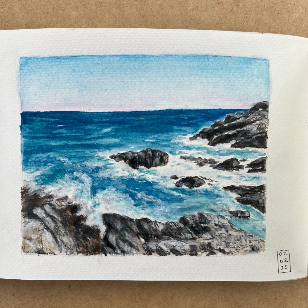 Sketchbook page with a painting of waves hitting rocky cliffs 