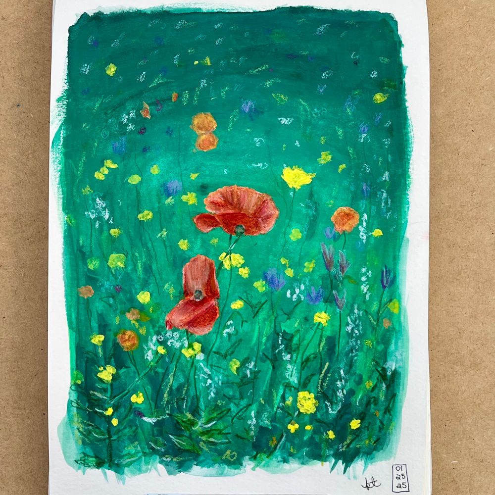 Painting of red poppies on a green background with smaller yellow, purple, and white flowers fading into the background 