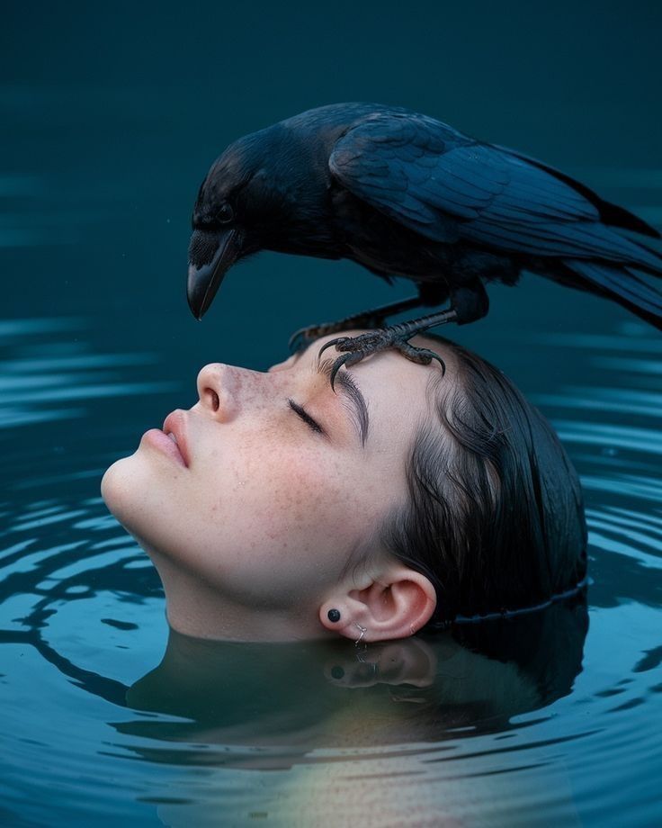 A woman's head coming out of the water with a crow resting on her forehead
