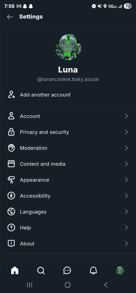A screenshot of the settings page in bluesky for lunarcookie.bsky.social 