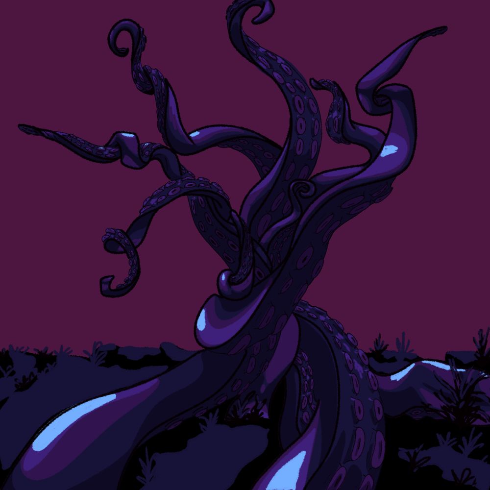 A digital painting of a tree made up of tentacles twisted together and reaching out like branches.