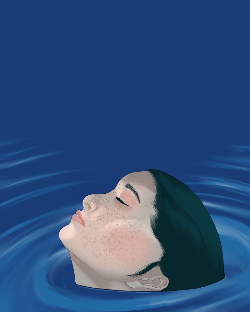 A digital painting of a woman's head coming out of water 