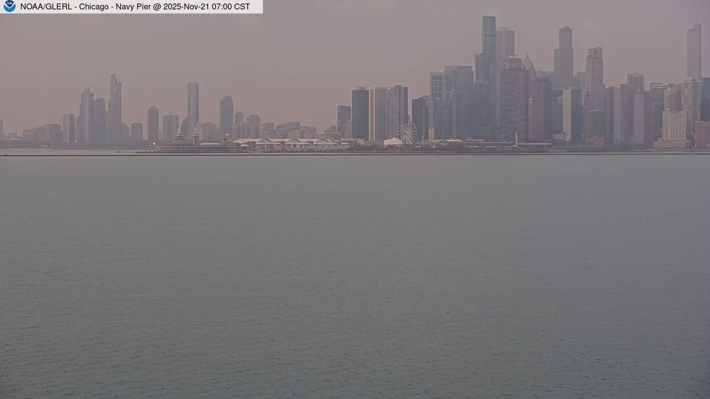 View of Navy Pier in Chicago from William E. Dever Crib in Lake Michigan east of North Avenue. // Image captured at: 2025-11-21 13:00:01 UTC (about 8 min. prior to this post) // Current Temp in Chicago: 42.63 F | 5.91 C // Precip: overcast clouds // Wind: NW at 7.024 mph | 11.30 kph // Humidity: 94%
