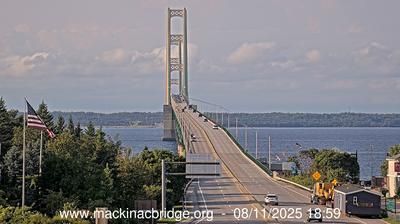 Northeastern view of the Mackinac Bridge traversing the Straits of Mackinac. // Image captured at: 2025-08-11 23:00:05 UTC (about 7 min. prior to this post) // Current Temp in Mackinaw City: 75.86 F | 24.37 C // Precip: clear sky // Wind: WSW at 10.357 mph | 16.66 kph // Humidity: 89%